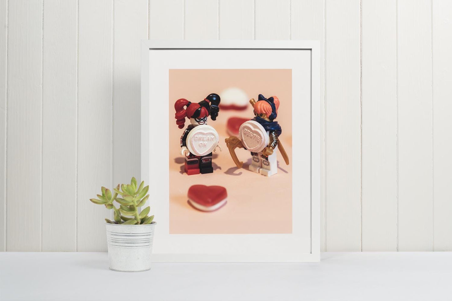 Mini Figure Photography Besties Print | Harley Quinn & Cat Lady Photography | A3, A4, A5 Wall Art with Love Hearts and Jelly Sweets