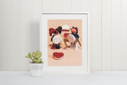 Mini Figure Photography Besties Print | Harley Quinn & Cat Lady Photography | A3, A4, A5 Wall Art with Love Hearts and Jelly Sweets