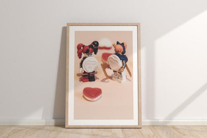 Mini Figure Photography Besties Print | Harley Quinn & Cat Lady Photography | A3, A4, A5 Wall Art with Love Hearts and Jelly Sweets
