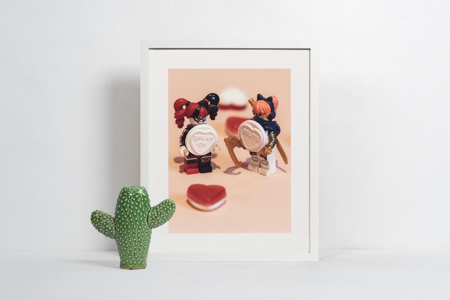 Mini Figure Photography Besties Print | Harley Quinn & Cat Lady Photography | A3, A4, A5 Wall Art with Love Hearts and Jelly Sweets