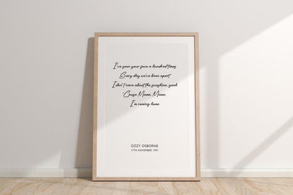 Ozzy Osbourne Lyrics Print: Mama I'm Coming Home - Classic Rock Wall Art