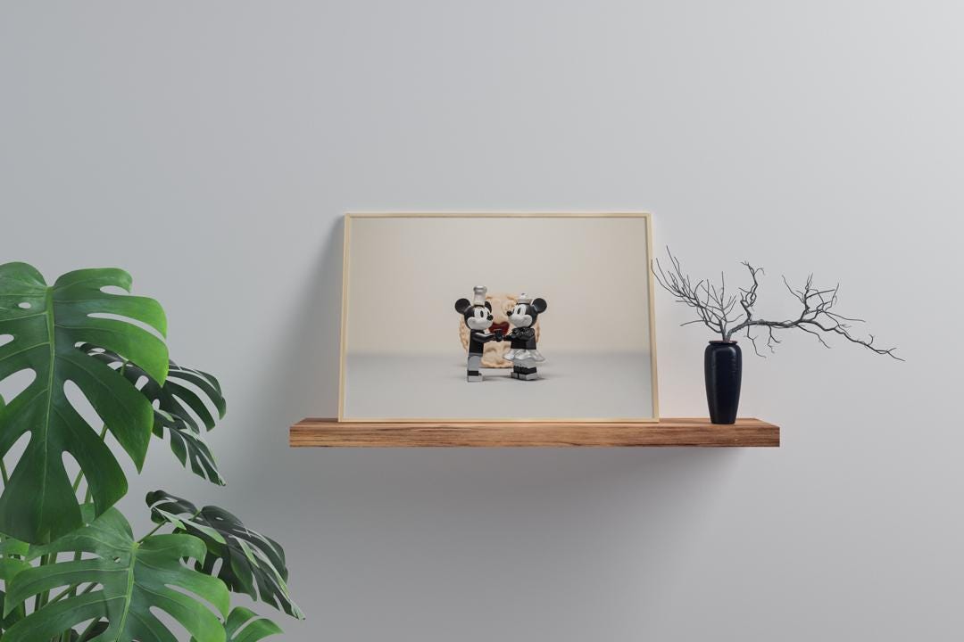 Mickey & Minnie Mouse "It Must Be Love" Mini Figure - Romantic Wall Art Print (A3, A4, A5)