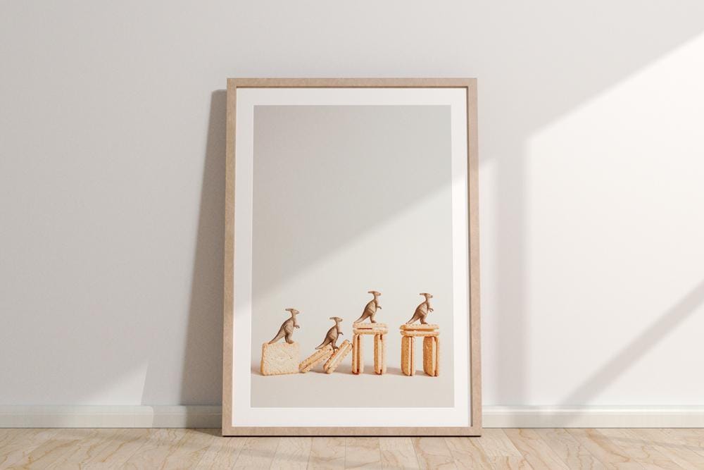 Mischievous Dinos Art Print: Quirky Dinosaur Climbing Biscuits