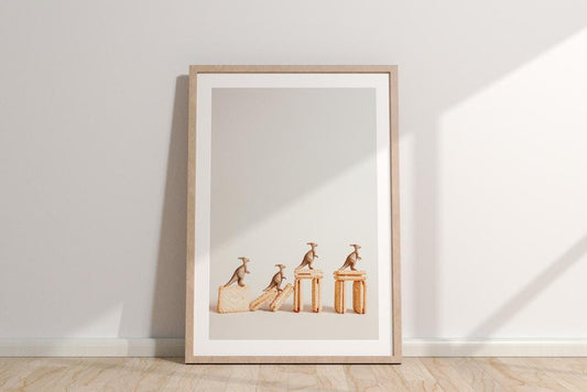 Mischievous Dinos Art Print: Quirky Dinosaur Climbing Biscuits